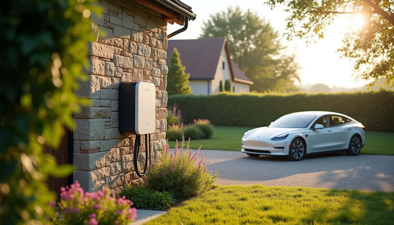 Installation d'une borne de recharge électrique devant un garage à Couëtron-au-Perche
