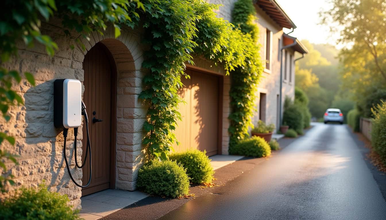 Installation d'une borne de recharge électrique devant un garage à Cugand