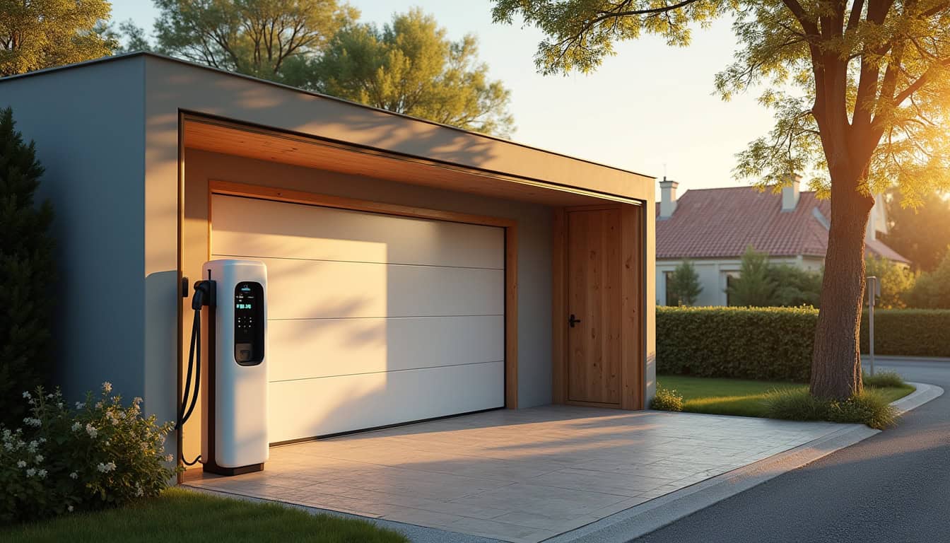 Installation d'une borne de recharge électrique devant un garage à Mervans