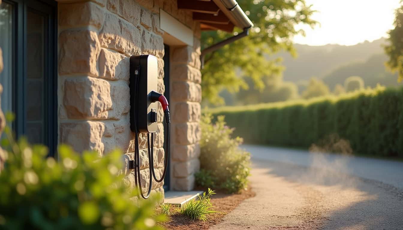 Installation d'une borne de recharge électrique devant un garage à Pouru-Saint-Remy