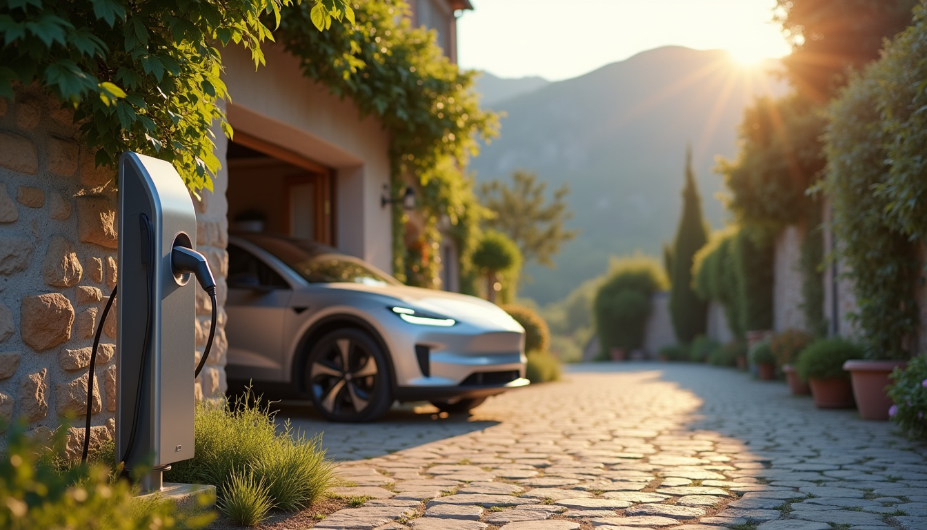 Installation d'une borne de recharge électrique devant un garage à Rompon