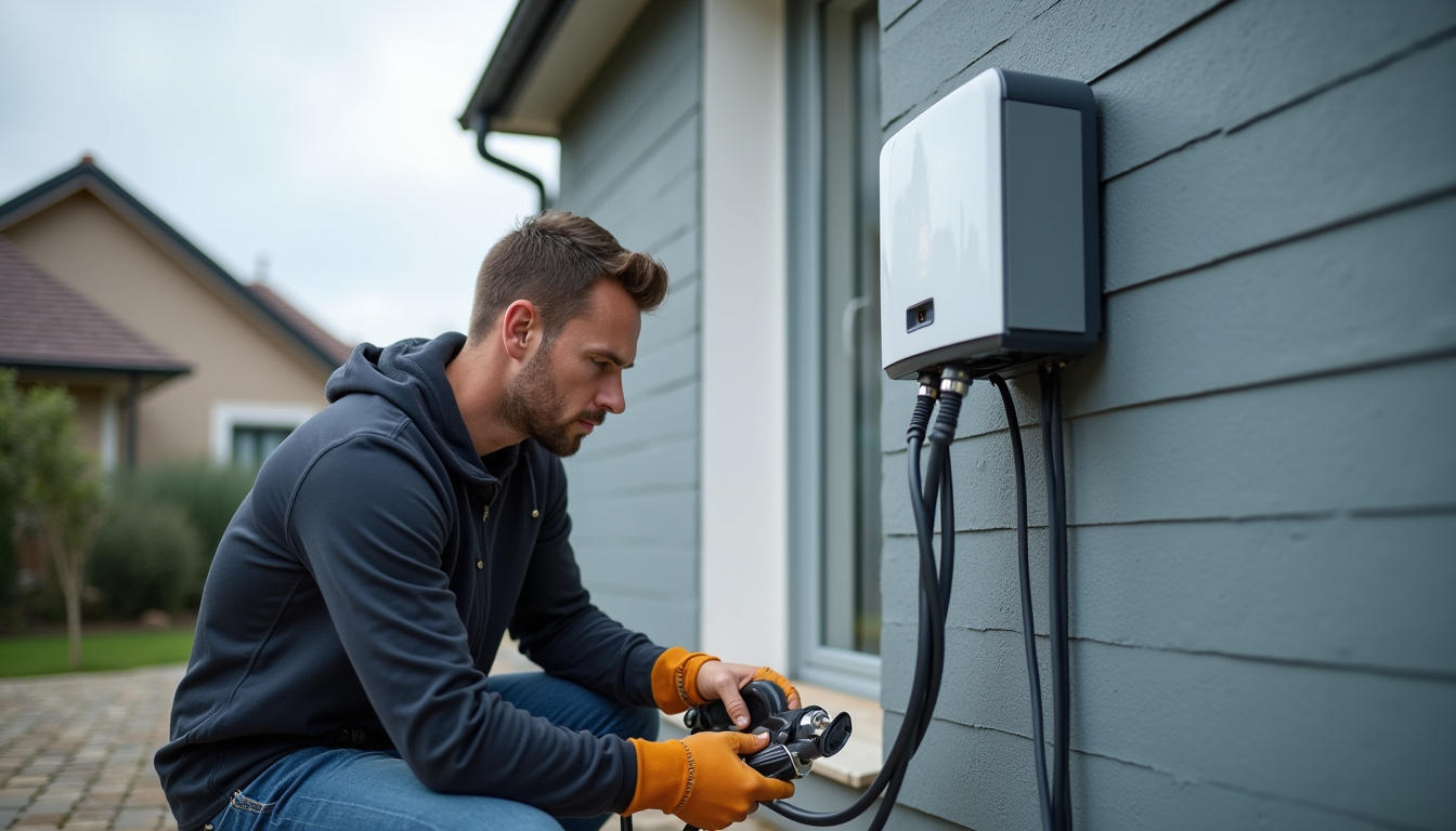 Installation d'une borne de recharge électrique devant une maison à Berneuil, avec un professionnel en train de raccorder l'équipement au tableau électrique