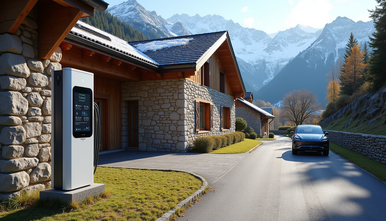 Installation d'une borne de recharge électrique devant une maison à Bourg-Madame, en milieu montagnard