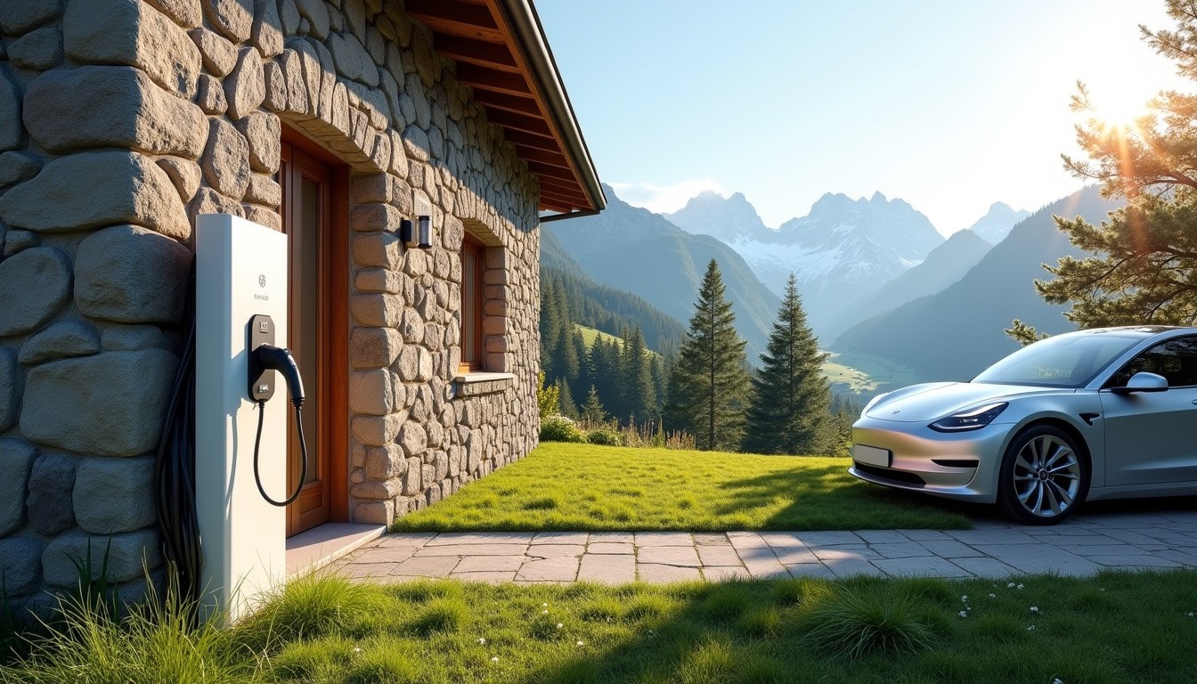 Installation d'une borne de recharge électrique devant une maison à Campan, dans un cadre montagnard