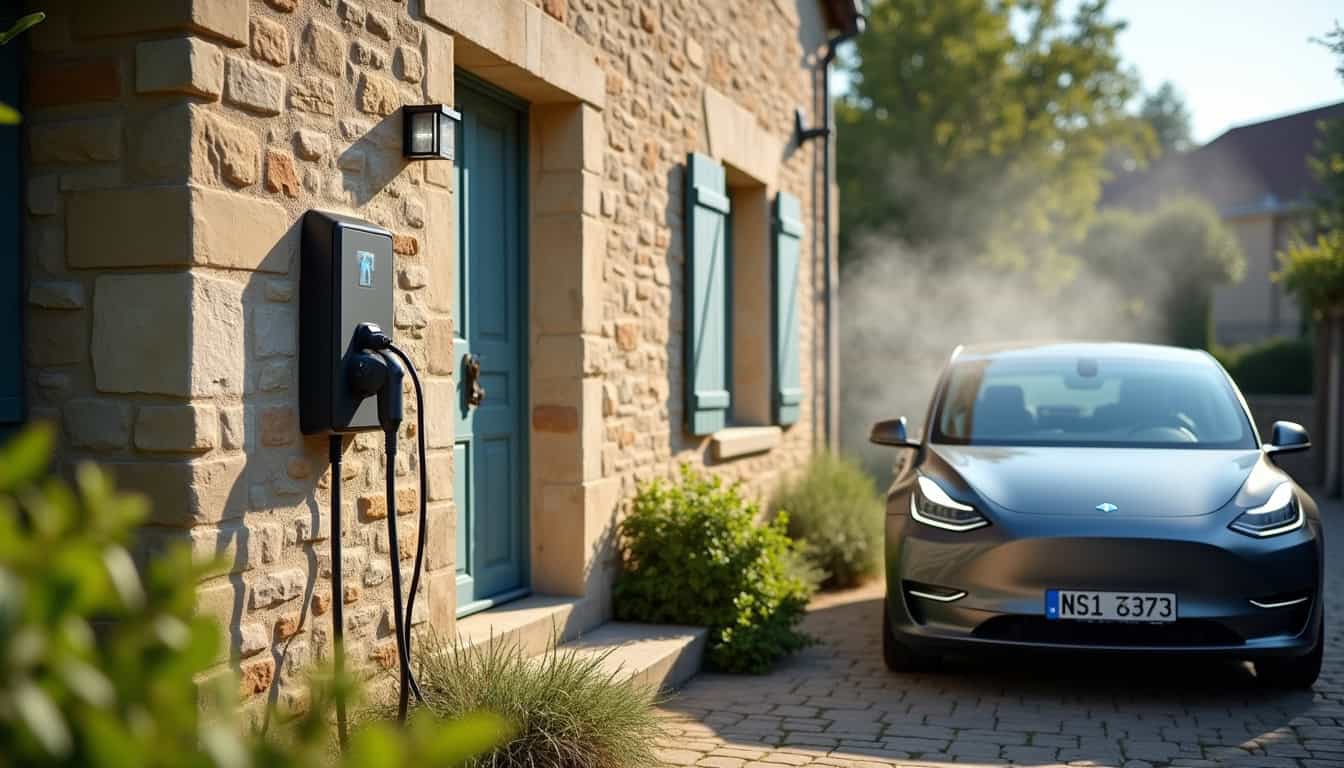 Installation d'une borne de recharge électrique devant une maison à Nohanent