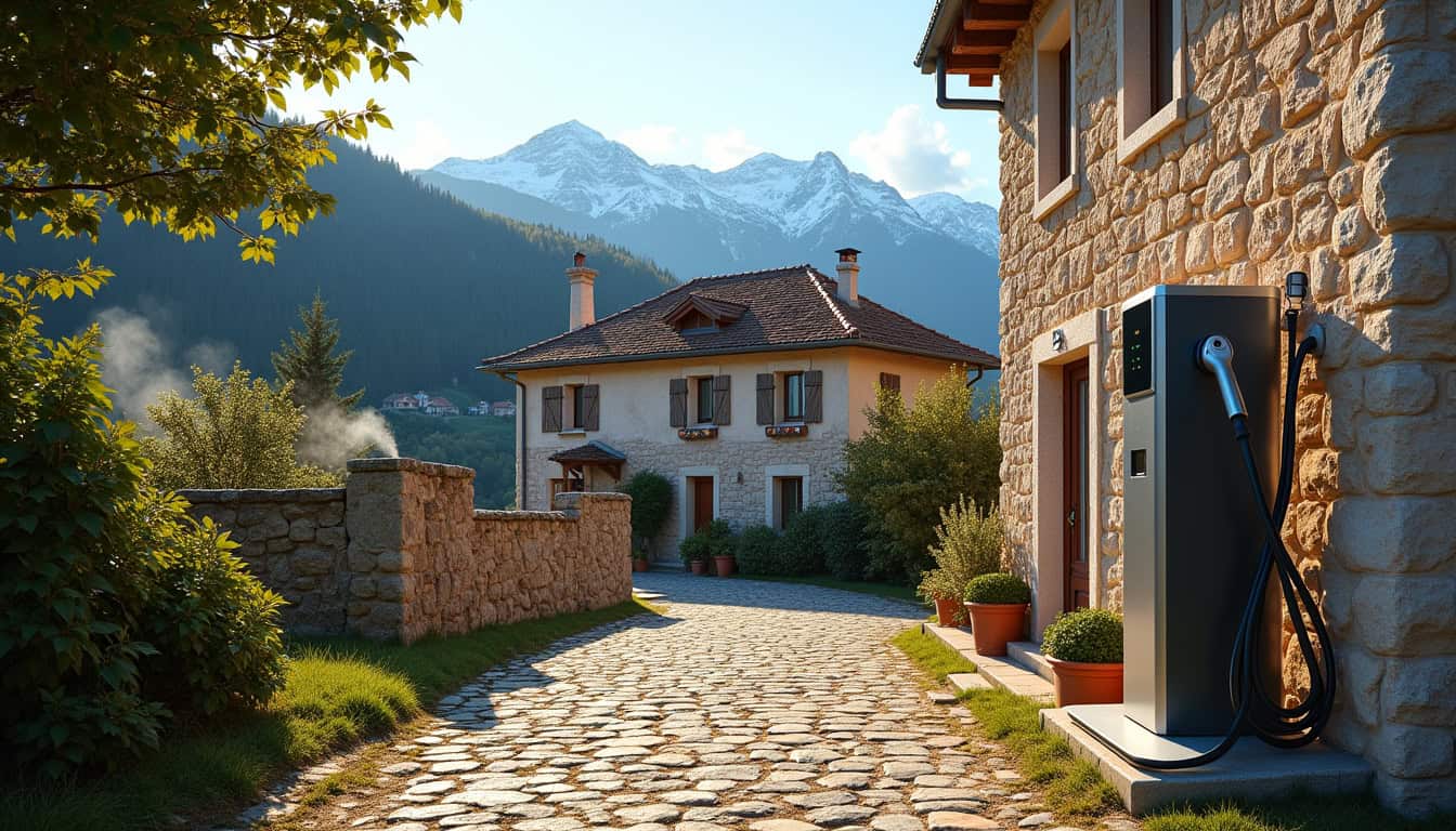 Installation d'une borne de recharge électrique devant une maison à Palau-del-Vidre, en milieu rural avec vue sur les Pyrénées