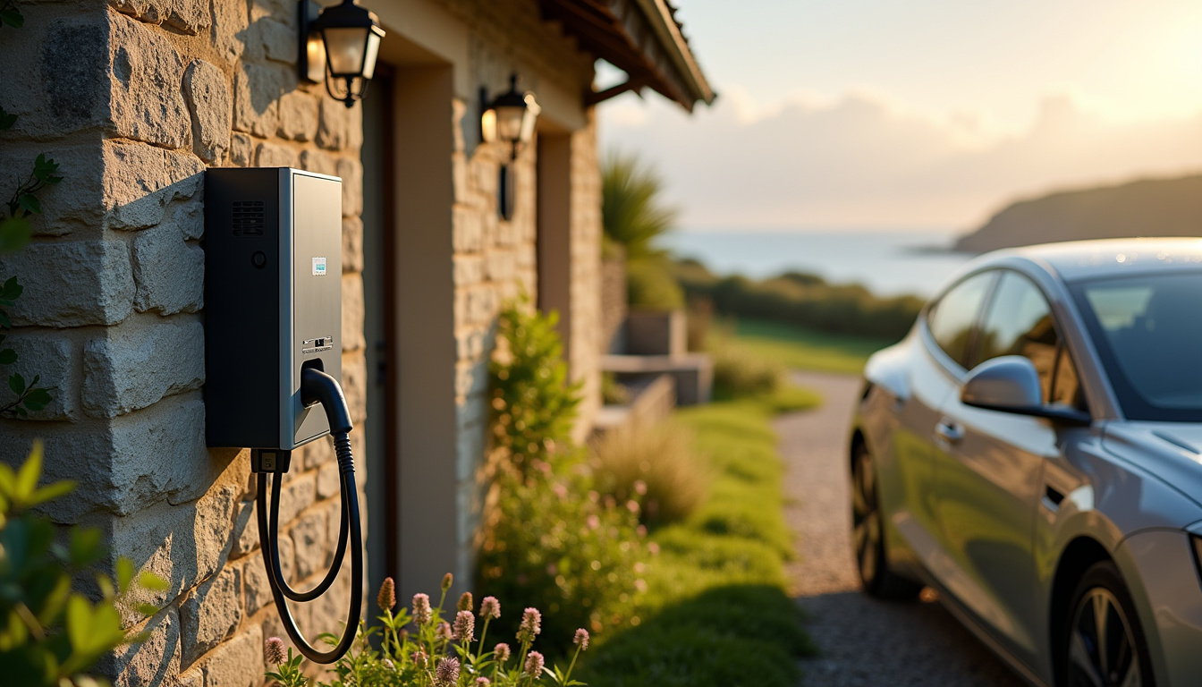 Installation d'une borne de recharge électrique devant une maison à Rospez, en Bretagne