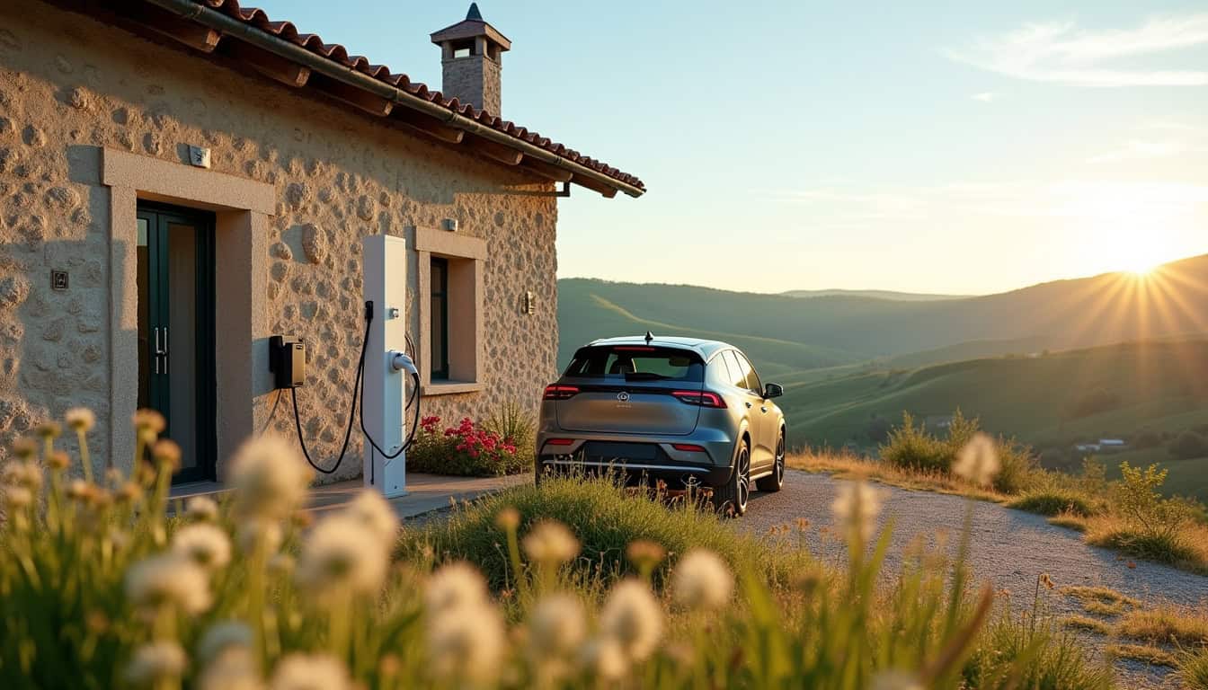 Installation d'une borne de recharge électrique devant une maison en Lozère, en milieu rural