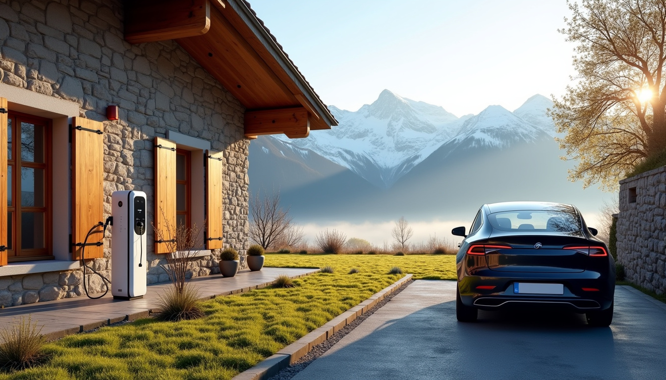 Installation d'une borne de recharge électrique devant une maison en Savoie avec vue sur les montagnes