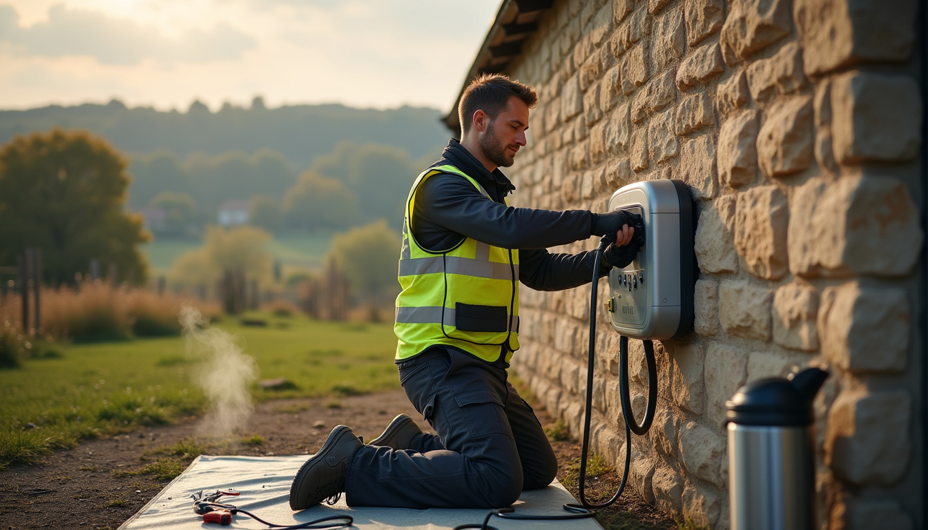 Installation d'une borne de recharge électrique en Côte-d’Or, vue d’un technicien en train de fixer un boîtier mural sur un mur extérieur