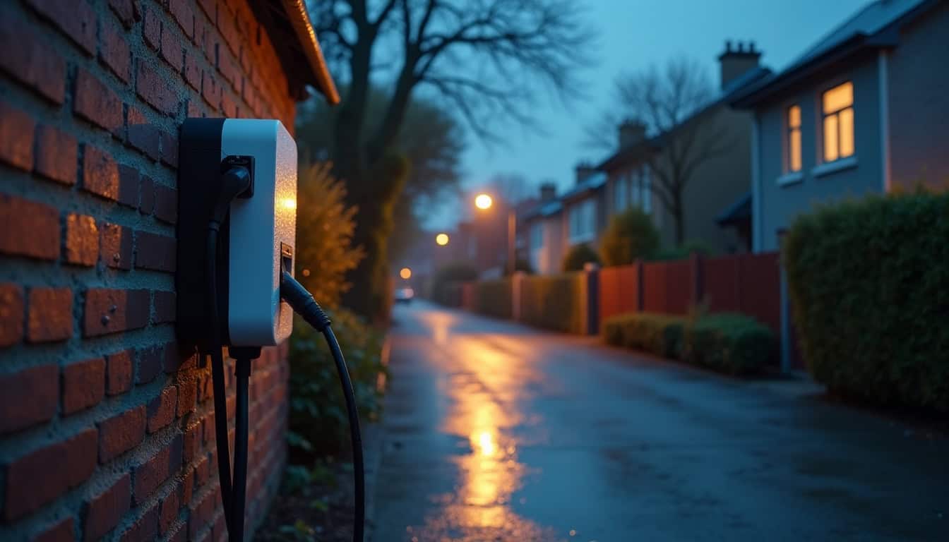 Installation d’une borne de recharge électrique en extérieur à Lindry, vue de nuit