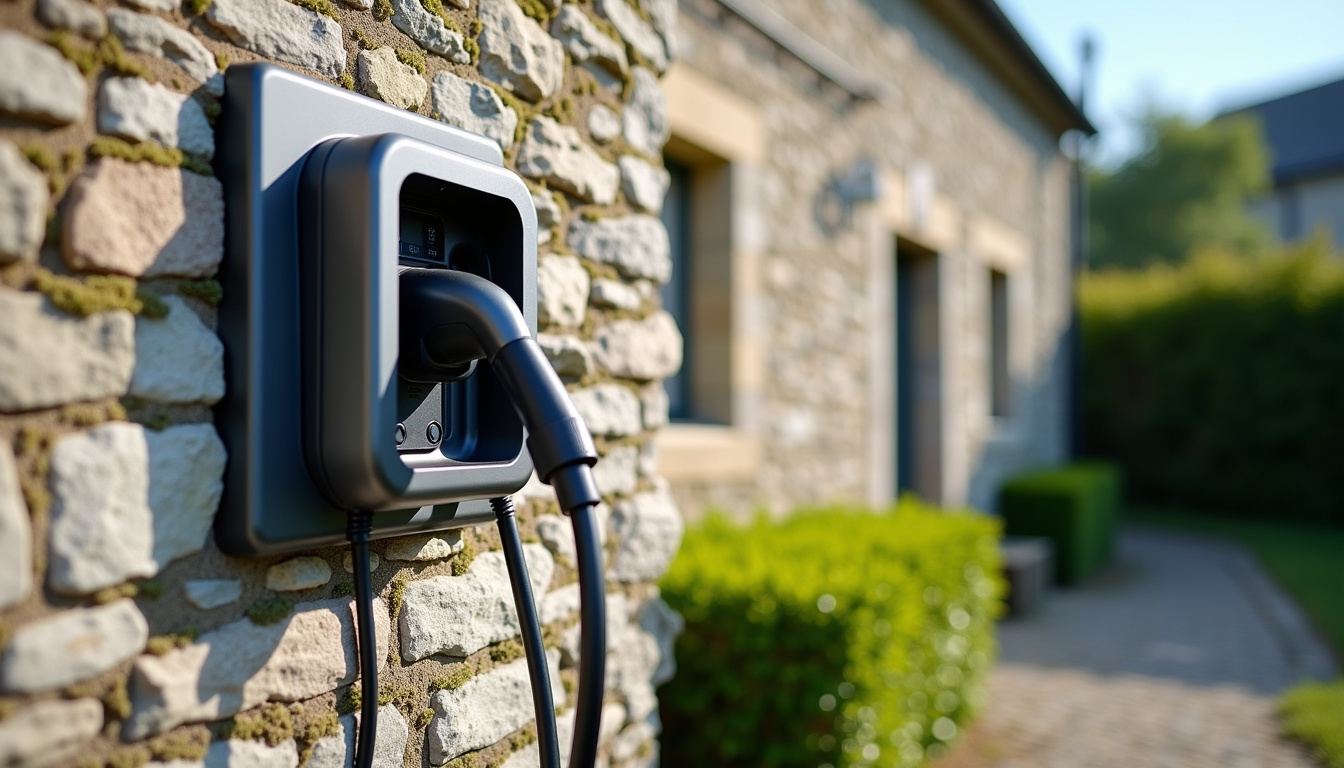 Installation d'une borne de recharge électrique en extérieur, fixée sur un mur de maison en pierre bretonne