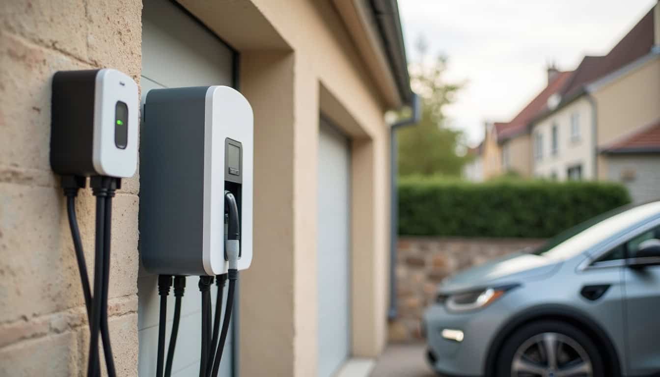 Installation d'une borne de recharge électrique en extérieur, près d'un garage à Ézy-sur-Eure