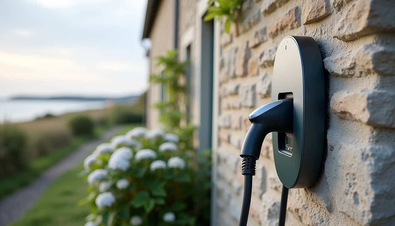 Installation d'une borne de recharge électrique en extérieur sur une maison à Grandcamp-Maisy