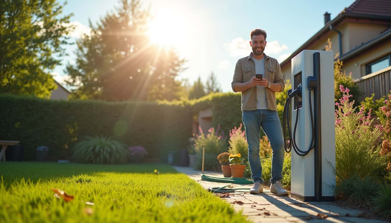 Installation d'une borne de recharge électrique en journée dans un jardin à Saint-Germain-la-Blanche-Herbe