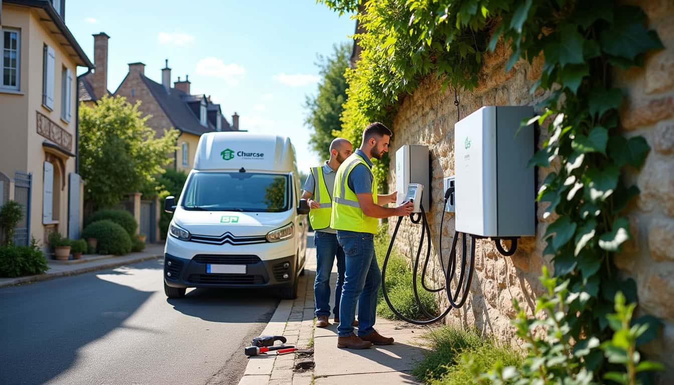 Installation d'une borne de recharge électrique en plein jour dans une rue de Grandfresnoy