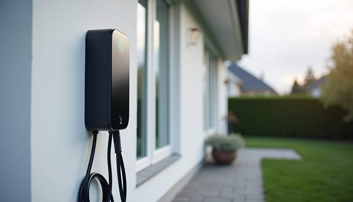 Installation d'une borne de recharge électrique fixée au mur d'une maison à Saint-Denis-d'Anjou
