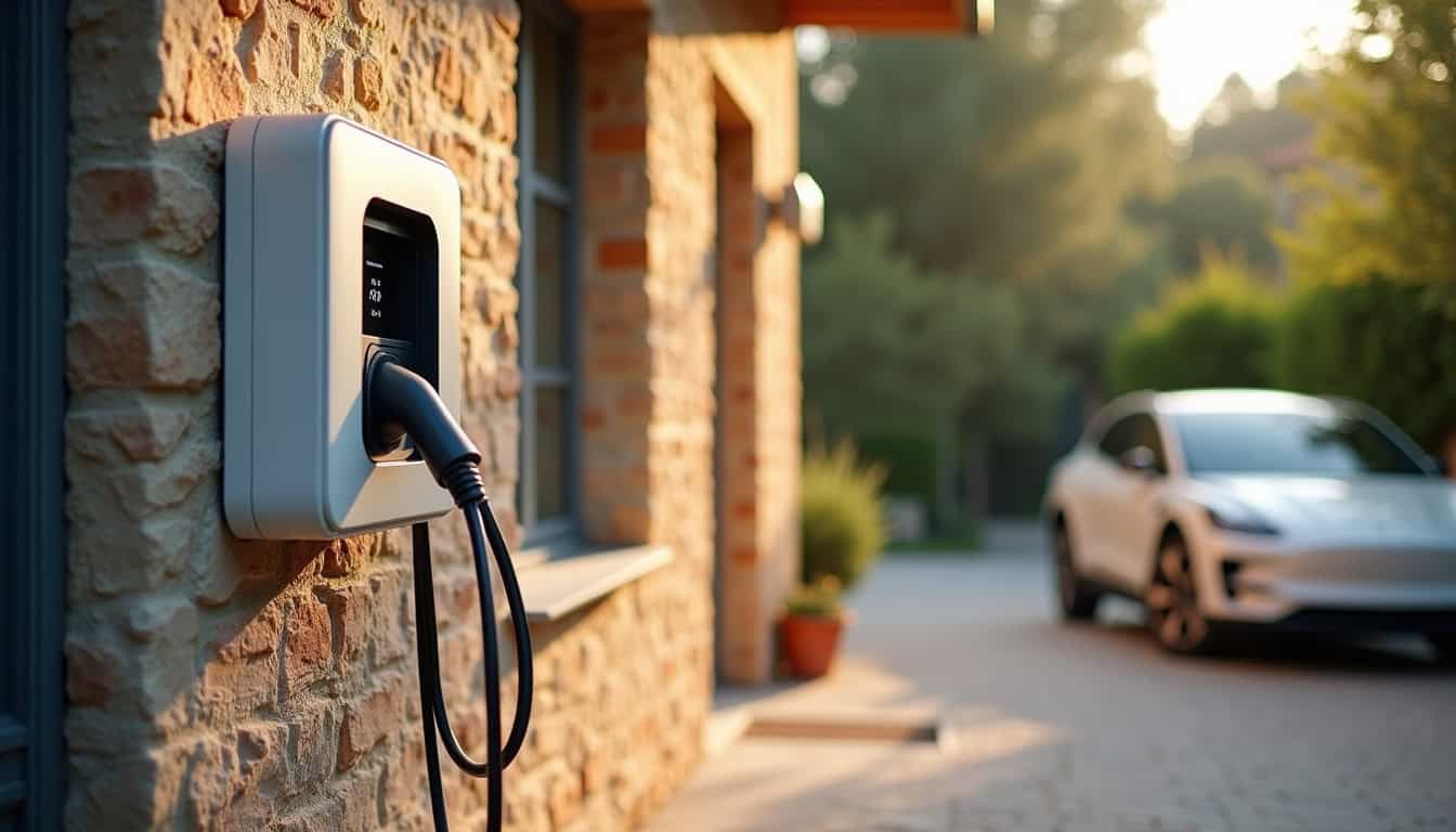 Installation d'une borne de recharge électrique fixée au mur d'une maison à San-Nicolao, avec câble branché sur un véhicule électrique