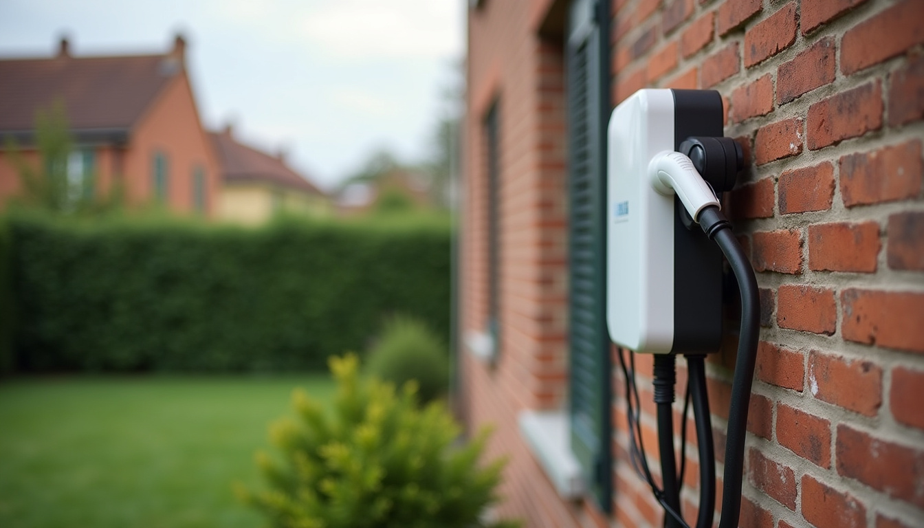 Installation d'une borne de recharge électrique fixée sur un mur extérieur de jardin à Saint-Fons