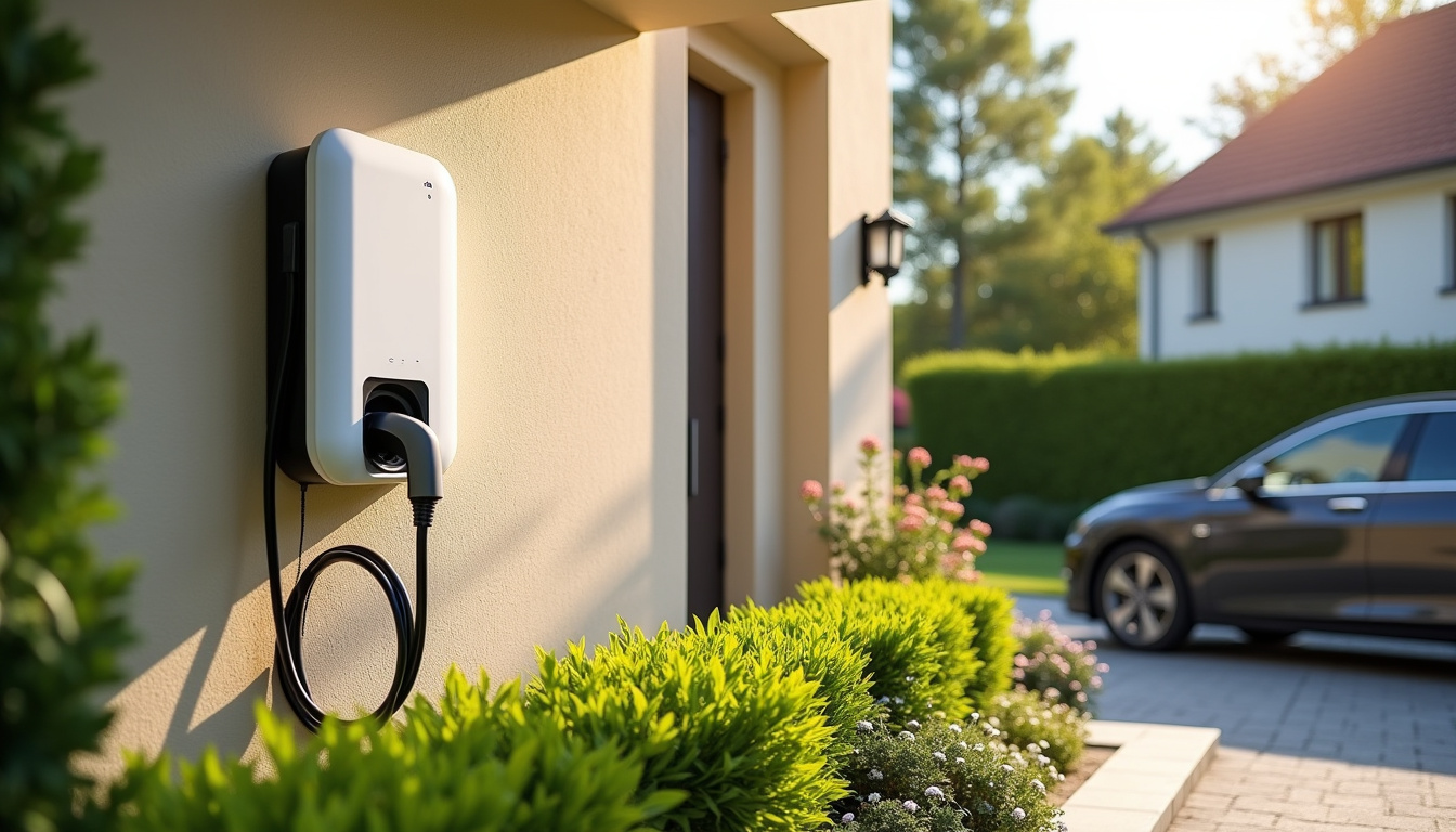 Installation d'une borne de recharge électrique fixée sur un mur extérieur en milieu résidentiel