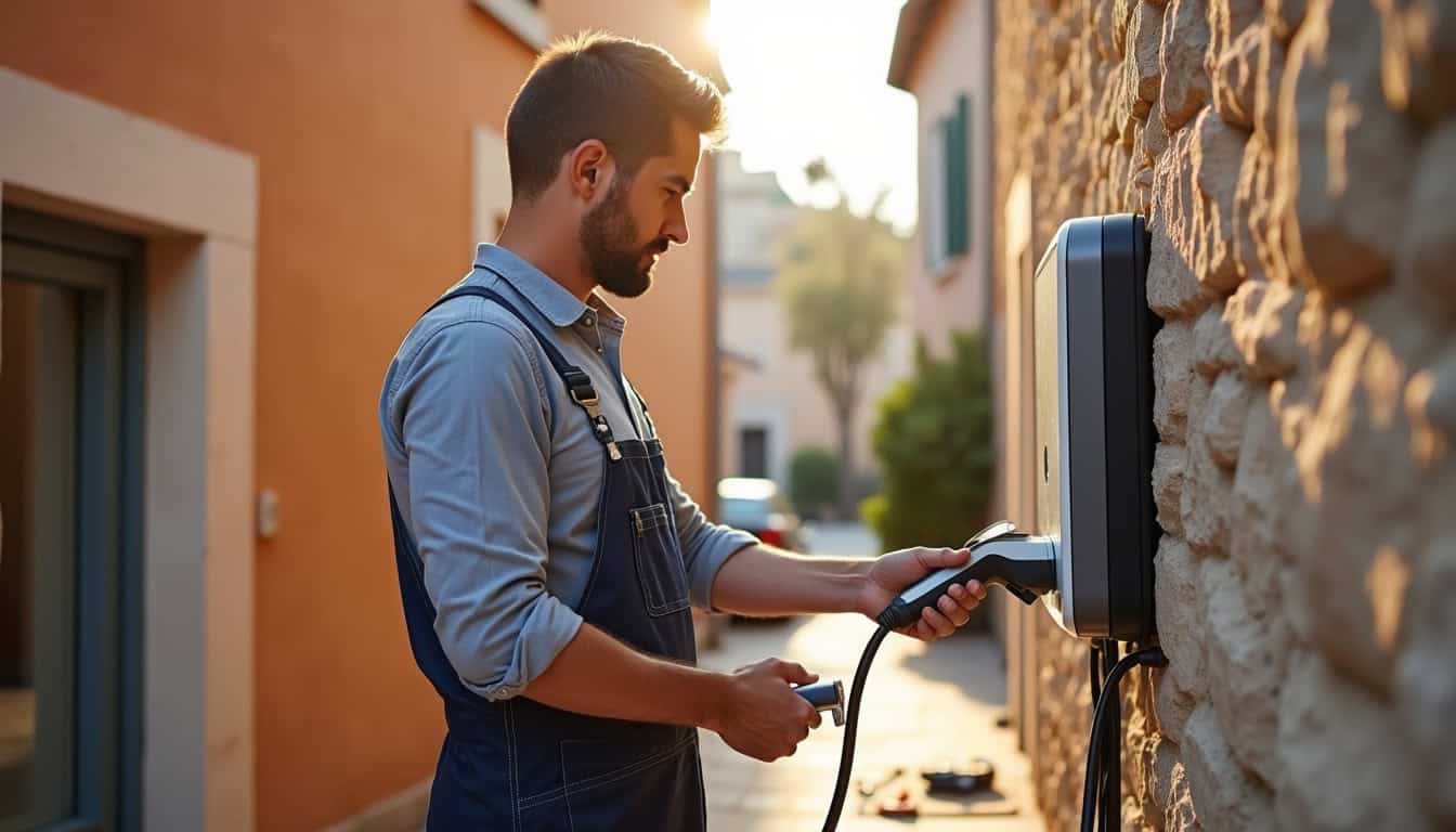 Installation d'une borne de recharge électrique murale à Albi, vue d'un professionnel en train de fixer l'équipement sur un mur extérieur