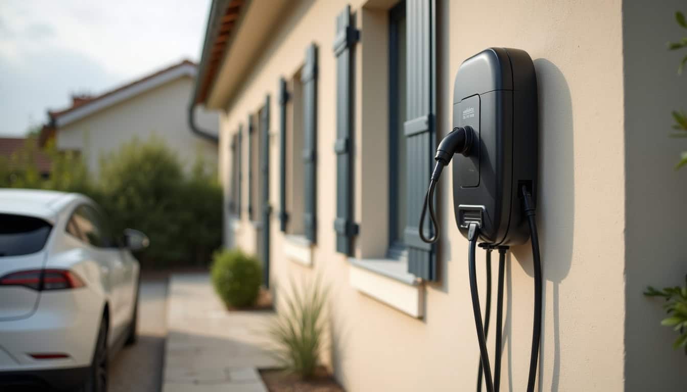 Installation d'une borne de recharge électrique murale à l'extérieur d'un pavillon à Prévessin-Moëns