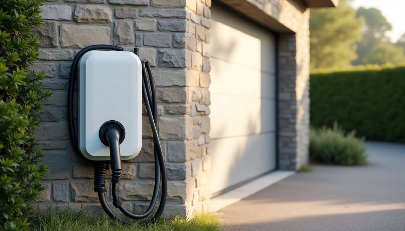 Installation d'une borne de recharge électrique murale à Locminé, positionnée près d'un garage résidentiel