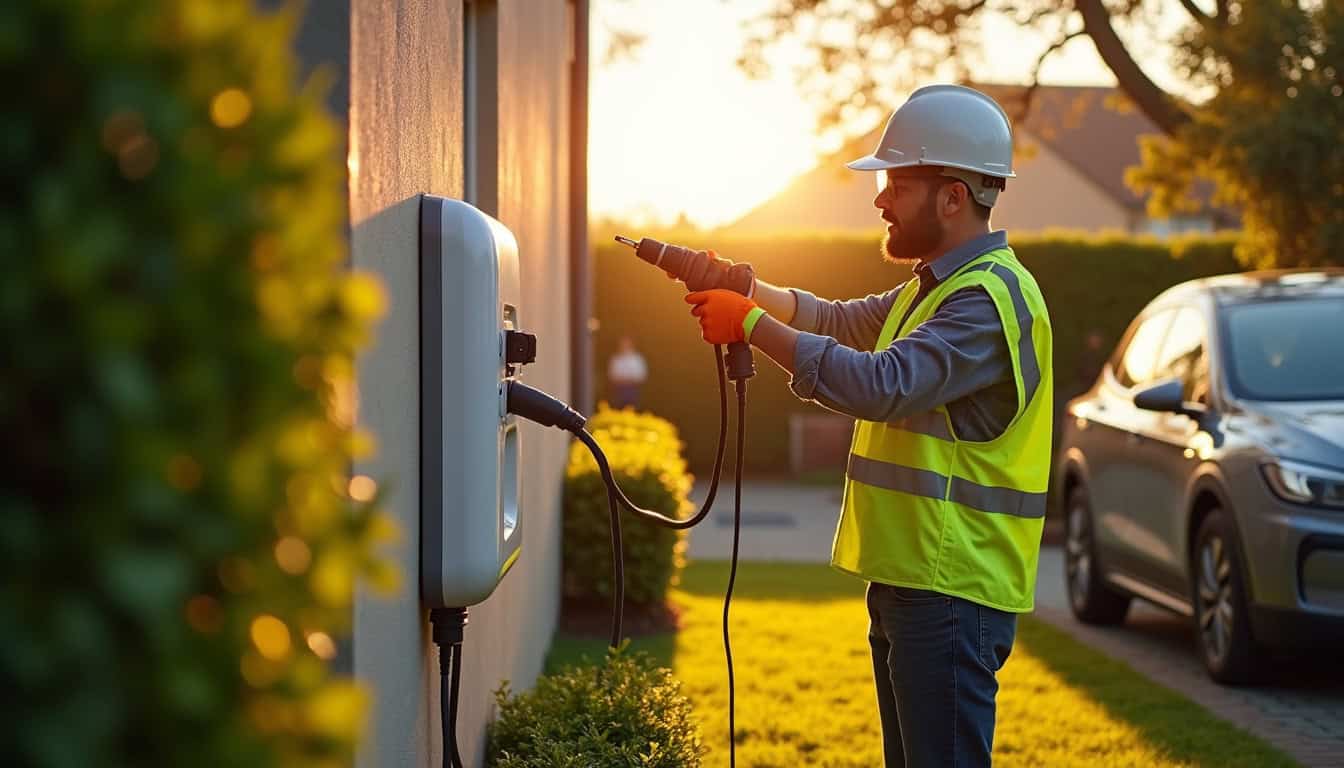 Installation d'une borne de recharge électrique murale dans un jardin résidentiel, montrant un professionnel en train de fixer le boîtier sur un mur extérieur