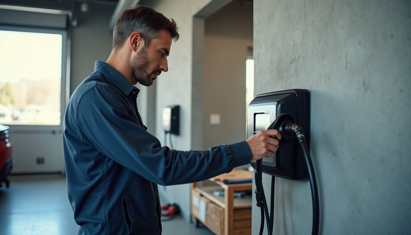 Installation d'une borne de recharge électrique par un professionnel dans un garage à Huillé-Lézigné
