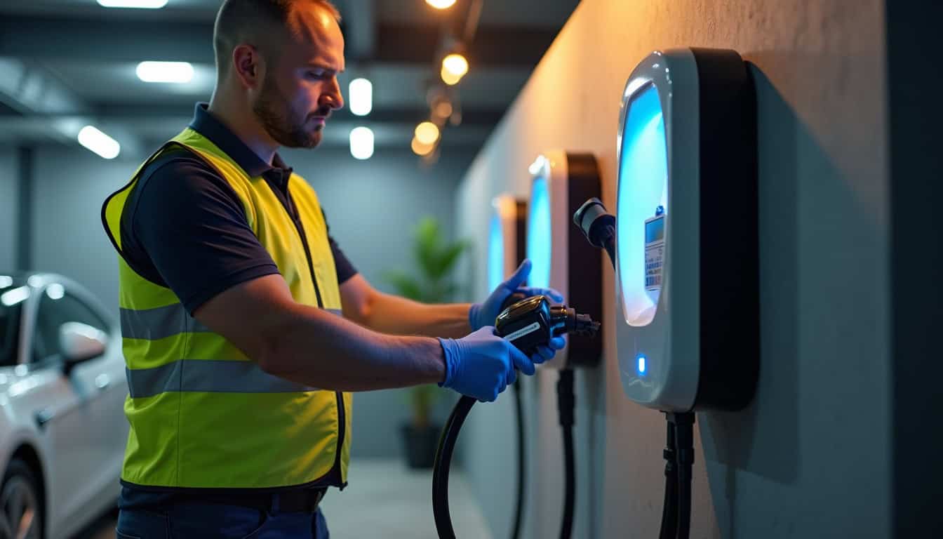 Installation d'une borne de recharge électrique par un professionnel dans un garage