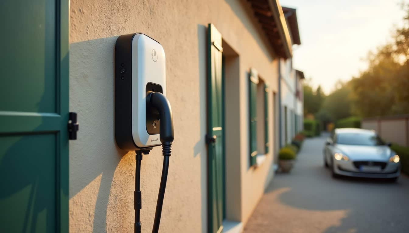 Installation d'une borne de recharge électrique sur le mur d'une maison individuelle à Béruges