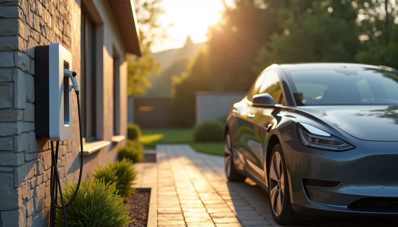 Installation d'une borne de recharge électrique sur le mur extérieur d'une maison à Volvic, avec câble branché sur un véhicule électrique