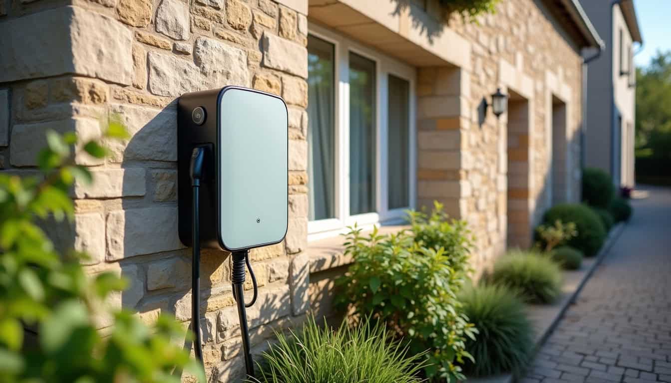 Installation d'une borne de recharge électrique sur un mur extérieur à Chauché, en journée