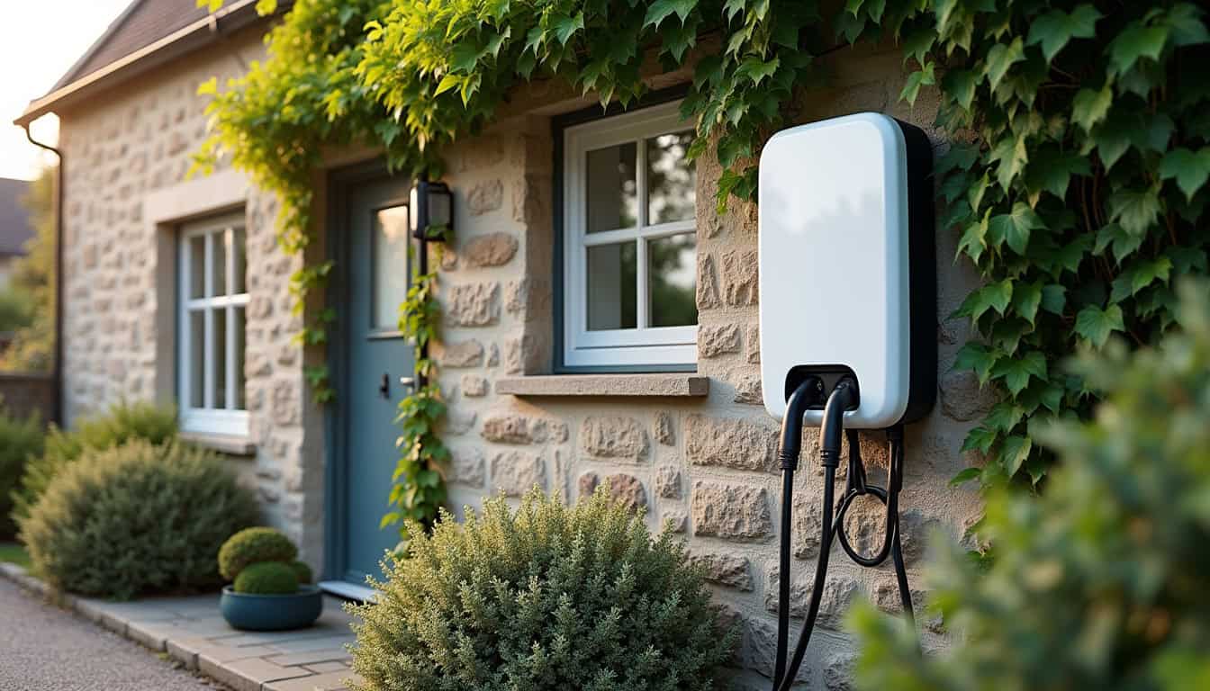 Installation d'une borne de recharge électrique sur un mur extérieur à Flamanville