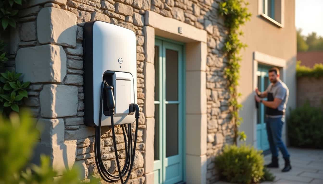 Installation d'une borne de recharge électrique sur un mur extérieur à Gardonne, en milieu de journée