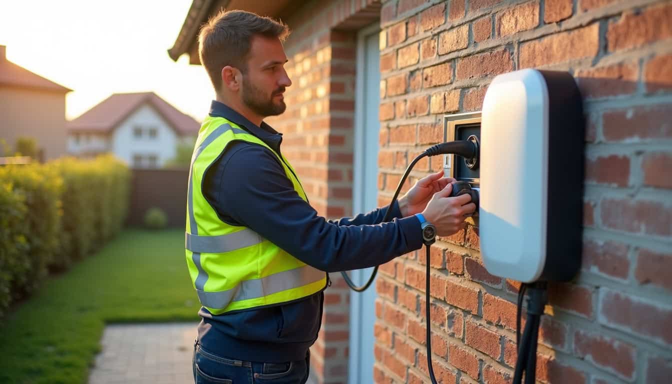 Installation d'une borne de recharge électrique sur un mur extérieur à Mouvaux, en présence d'un technicien qualifié