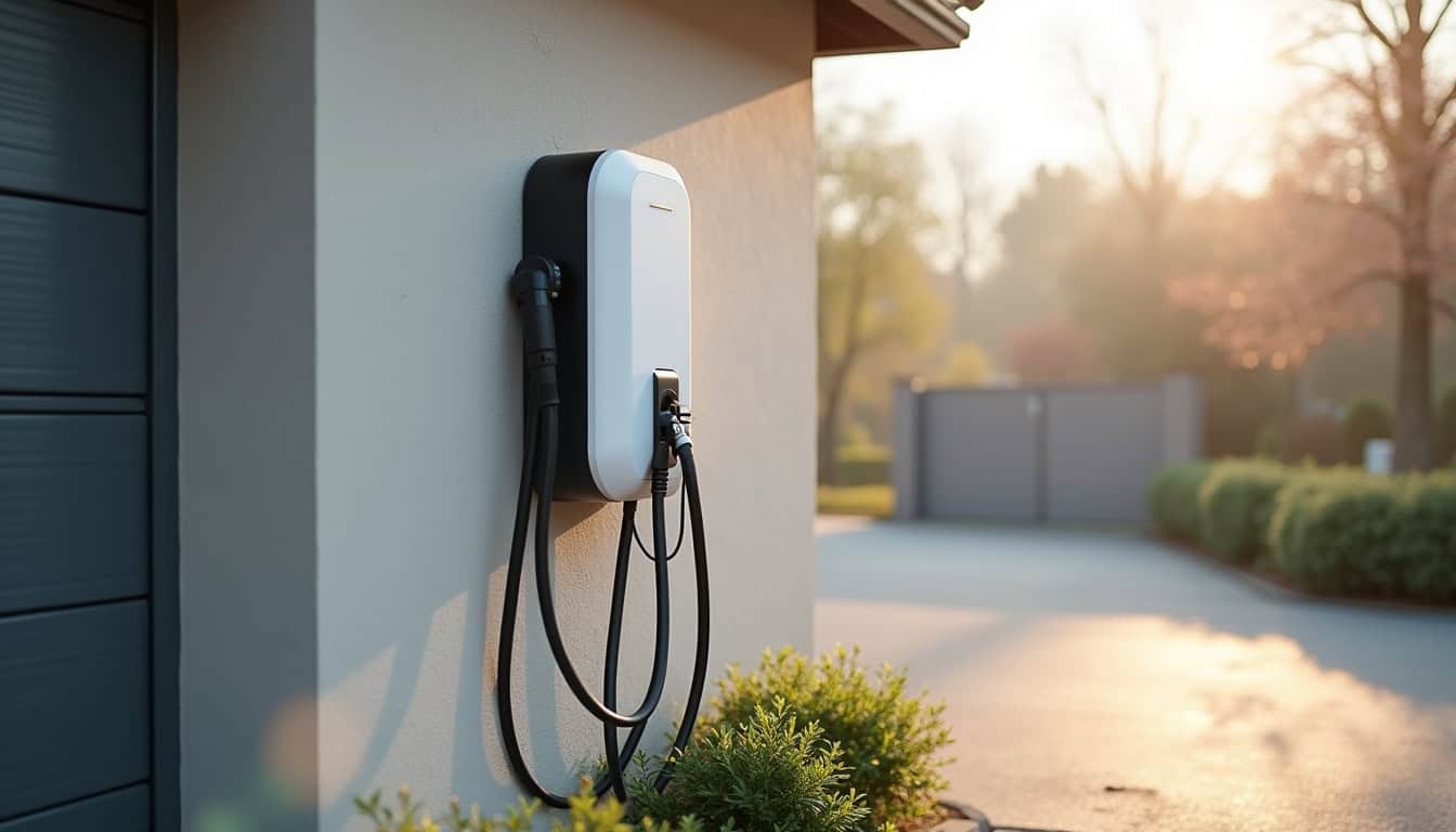 Installation d'une borne de recharge électrique sur un mur extérieur de garage à Reuilly