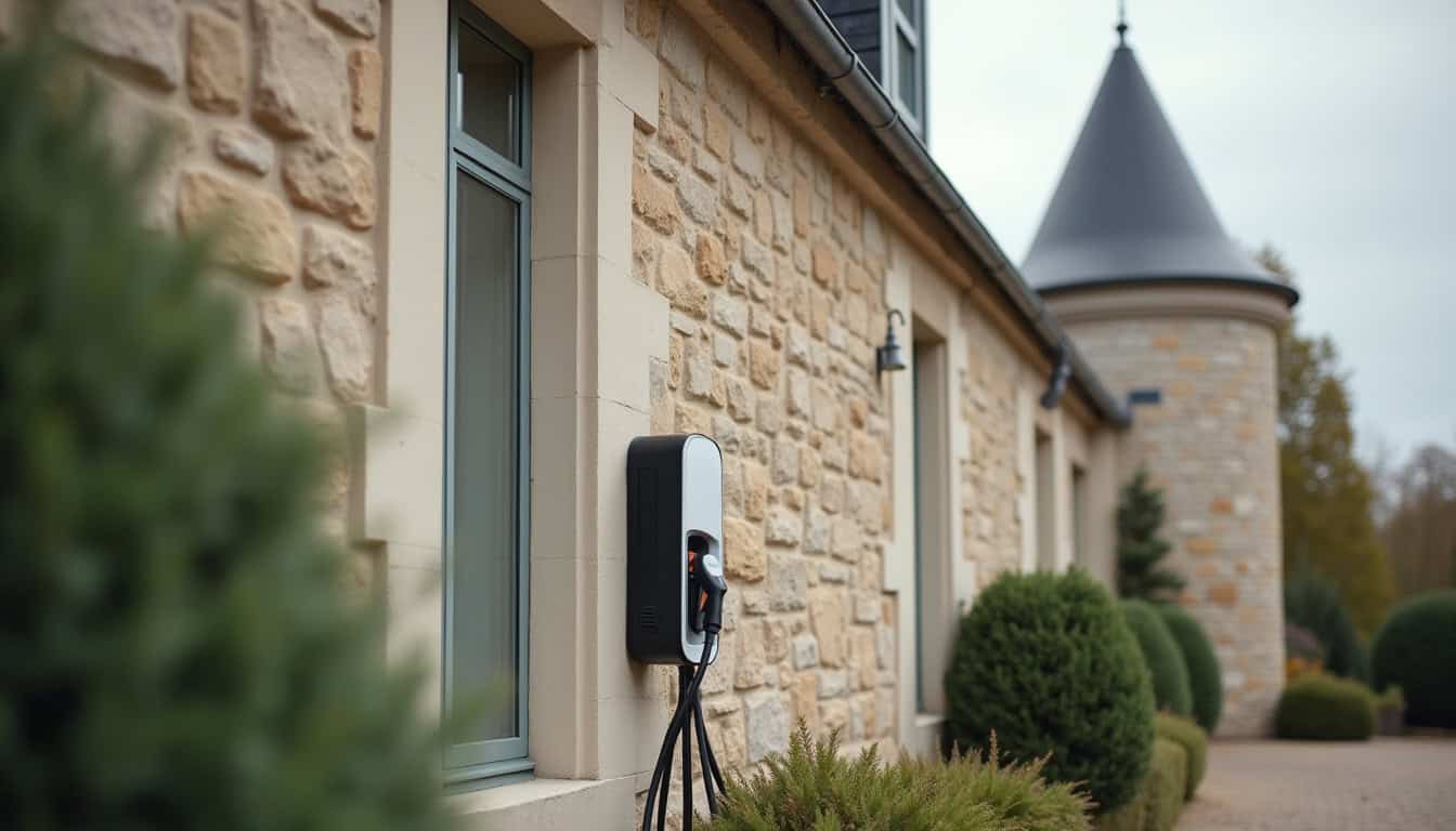 Installation d'une borne de recharge électrique sur un mur extérieur d'une maison à Bayeux