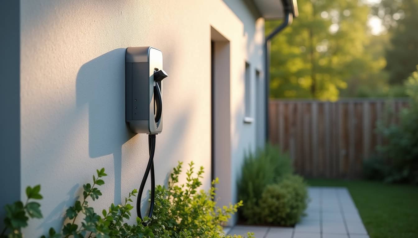 Installation d'une borne de recharge électrique sur un mur extérieur d'une maison à Le Mesnil-le-Roi