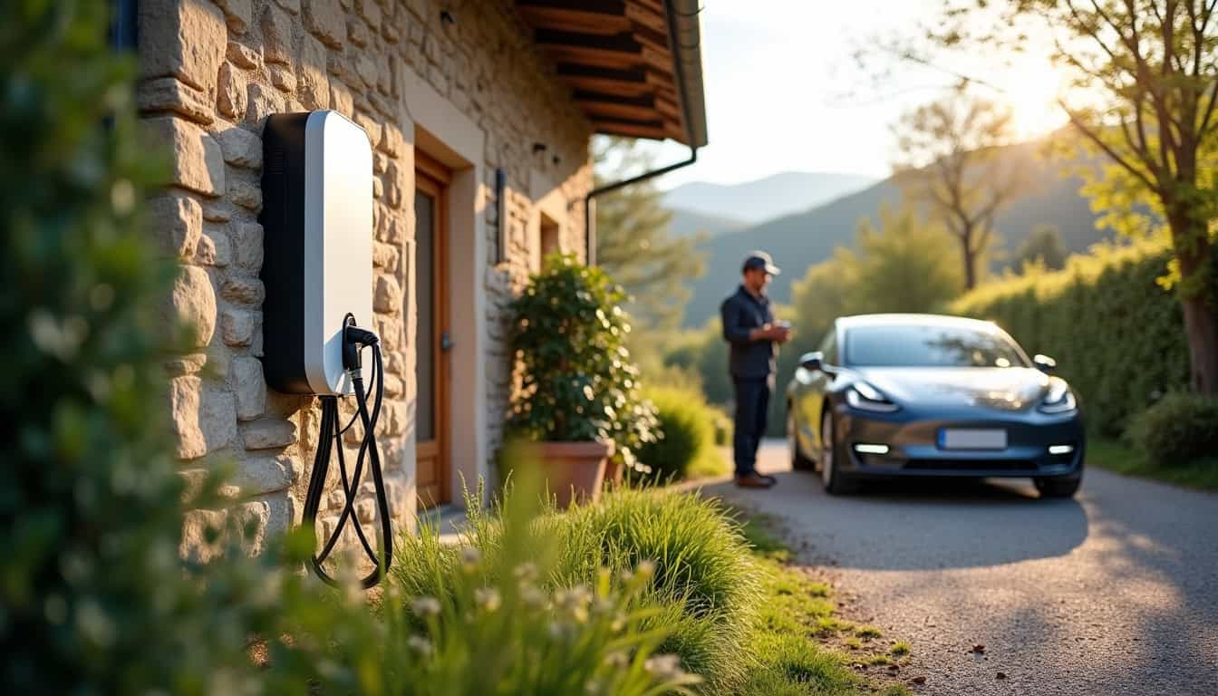 Installation d'une borne de recharge électrique sur un mur extérieur d'une maison à Ogeu-les-Bains