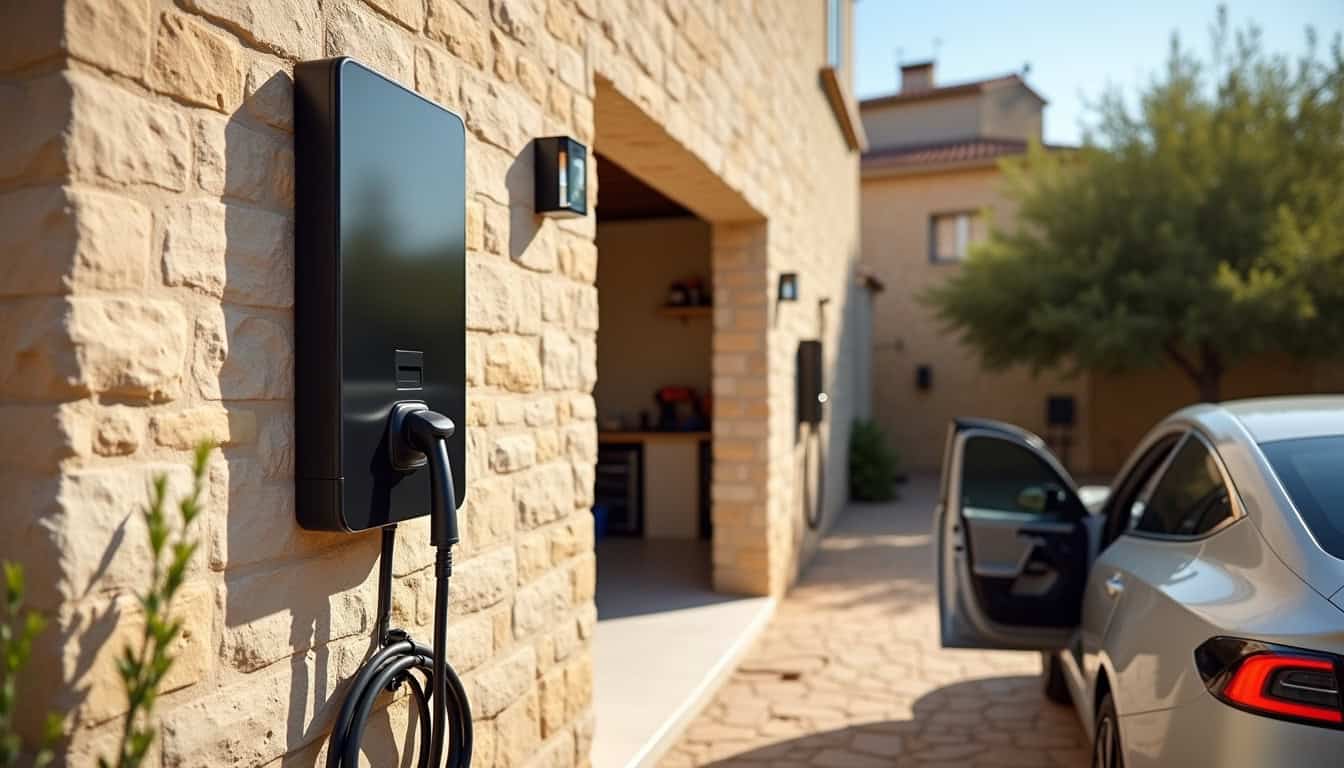 Installation d'une borne de recharge électrique sur un mur extérieur et dans un garage à Adissan