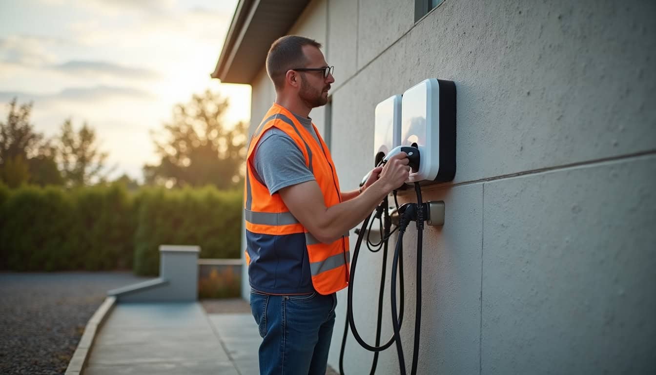 Installation d'une borne de recharge électrique sur un mur extérieur par un professionnel qualifié