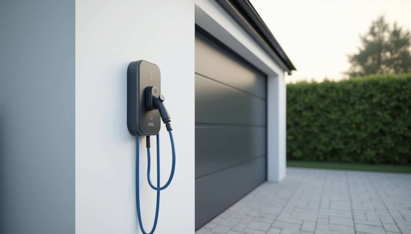Installation d'une borne de recharge électrique sur un mur extérieur près d'un garage