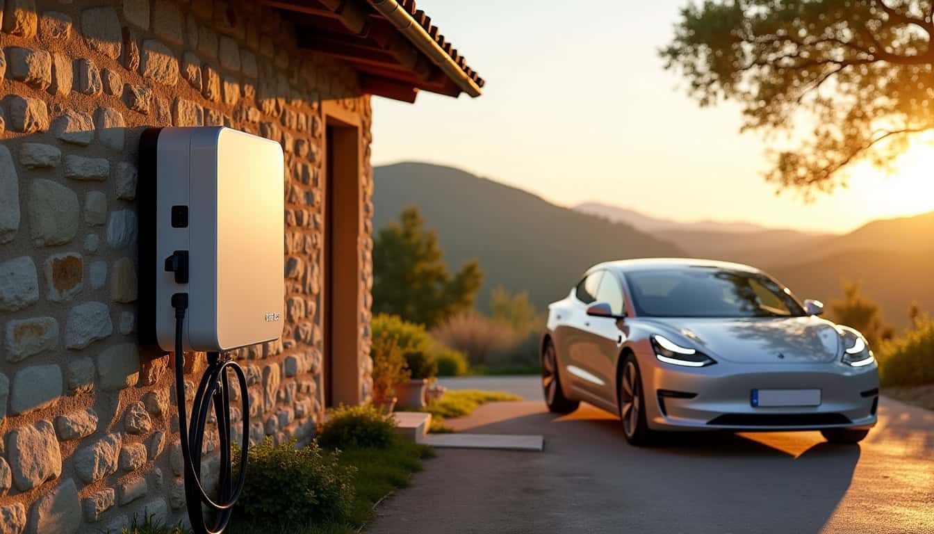 Installation d'une borne de recharge électrique sur un mur extérieur près d'un véhicule électrique