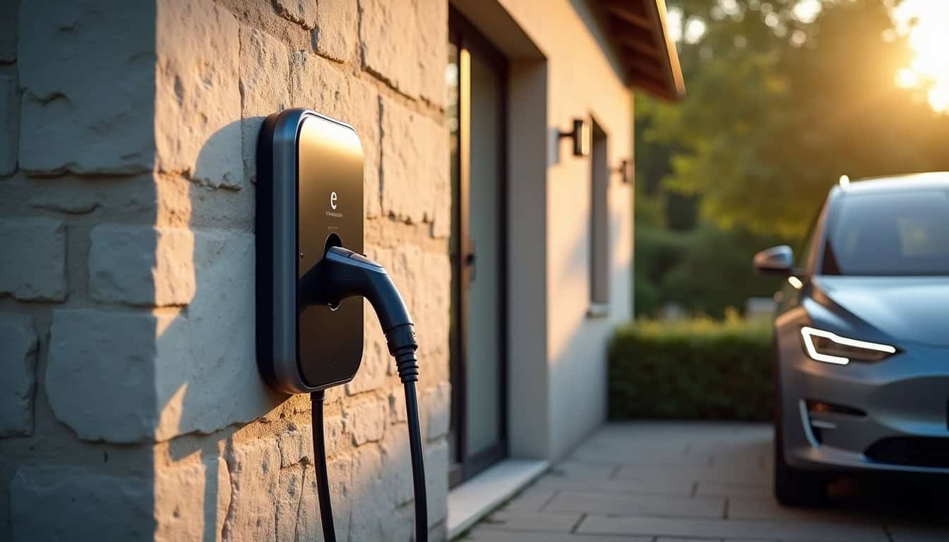 Installation d'une borne de recharge électrique sur une propriété à Auchay-sur-Vendée, vue de l'extérieur avec câble connecté à une voiture électrique