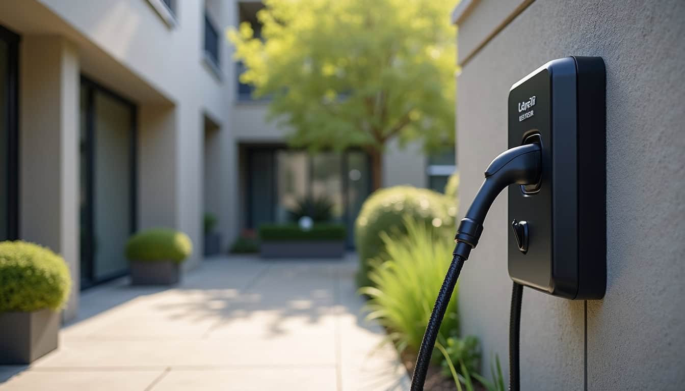 Installation d'une borne de recharge en copropriété à Vayres, avec câbles protégés et colonne de recharge