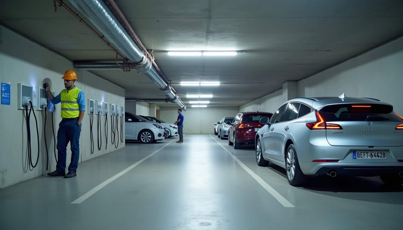 Installation d'une borne de recharge en copropriété dans un parking souterrain de l'Aude, avec plusieurs véhicules électriques en charge