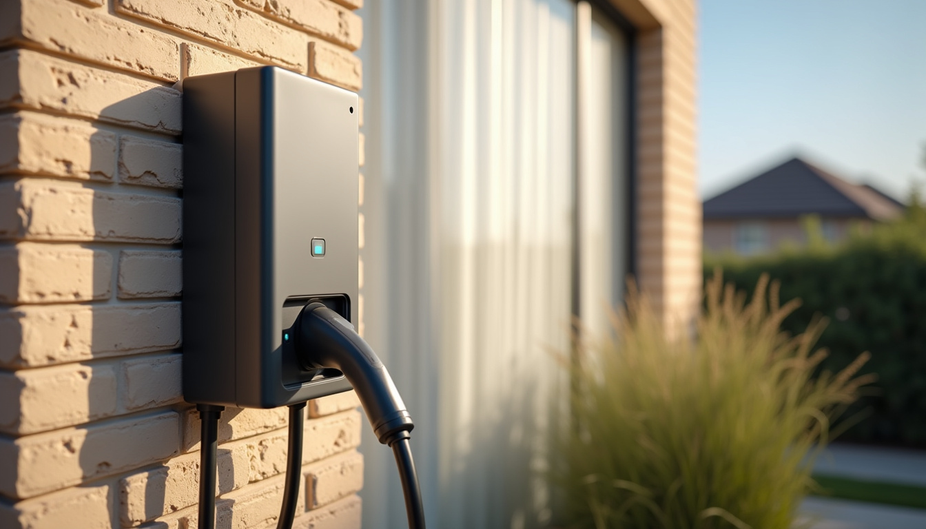 Installation d'une borne de recharge en extérieur à Houppeville, vue du câble et du boîtier fixé au mur