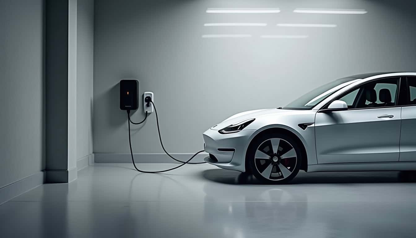 Installation d'une borne de recharge murale à côté d'un véhicule électrique dans un garage