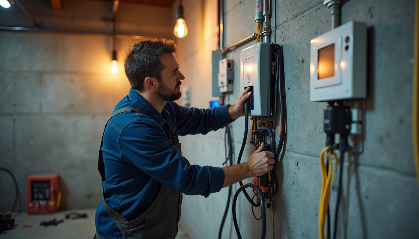 Installation d'une borne de recharge murale à Le Folgoët, montrant le câblage et le raccordement au tableau électrique